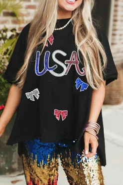Outlet Dear-Lover Sequin USA Bow Graphic Independence Day T Shirt Black