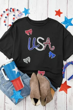 Outlet Dear-Lover Sequin USA Bow Graphic Independence Day T Shirt Black