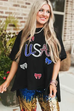 Outlet Dear-Lover Sequin USA Bow Graphic Independence Day T Shirt Black
