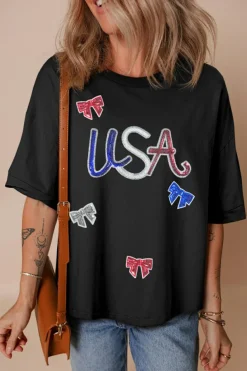 Outlet Dear-Lover Sequin USA Bow Graphic Independence Day T Shirt Black