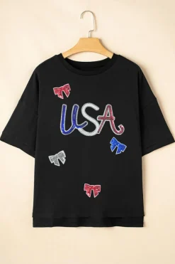 Outlet Dear-Lover Sequin USA Bow Graphic Independence Day T Shirt Black