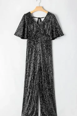 Sale Dear-Lover Sequin V Neck Flutter Sleeve Wide Leg Jumpsuit Black
