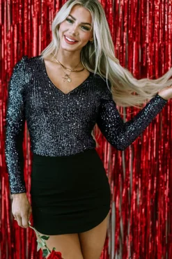 New Dear-Lover Sequin V Neck Zipped Long Sleeve Bodysuit Black