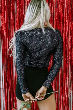 New Dear-Lover Sequin V Neck Zipped Long Sleeve Bodysuit Black
