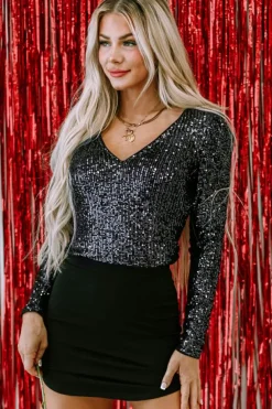 New Dear-Lover Sequin V Neck Zipped Long Sleeve Bodysuit Black