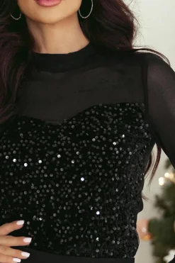 Outlet Dear-Lover Sequin Velvet Sheer Mesh Mock Neck Blouse Black