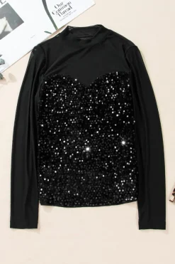 Outlet Dear-Lover Sequin Velvet Sheer Mesh Mock Neck Blouse Black