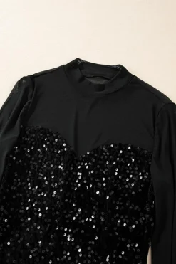Outlet Dear-Lover Sequin Velvet Sheer Mesh Mock Neck Blouse Black