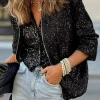 Online Dear-Lover Sequin Zip up Round Neck Long Sleeve Jacket Black