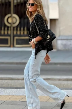 Online Dear-Lover Sequin Zip up Round Neck Long Sleeve Jacket Black