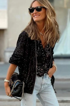 Online Dear-Lover Sequin Zip up Round Neck Long Sleeve Jacket Black