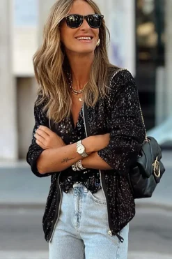 Online Dear-Lover Sequin Zip up Round Neck Long Sleeve Jacket Black
