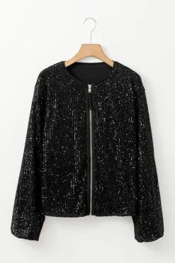 Online Dear-Lover Sequin Zip up Round Neck Long Sleeve Jacket Black