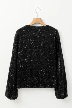 Online Dear-Lover Sequin Zip up Round Neck Long Sleeve Jacket Black