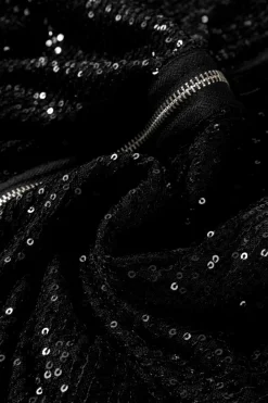 Online Dear-Lover Sequin Zip up Round Neck Long Sleeve Jacket Black