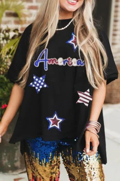 Best Dear-Lover Sequined America Star Pattern Hi Low Hem Casual T Shirt Black