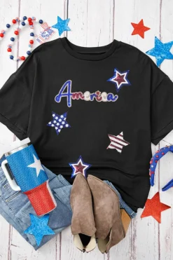Best Dear-Lover Sequined America Star Pattern Hi Low Hem Casual T Shirt Black