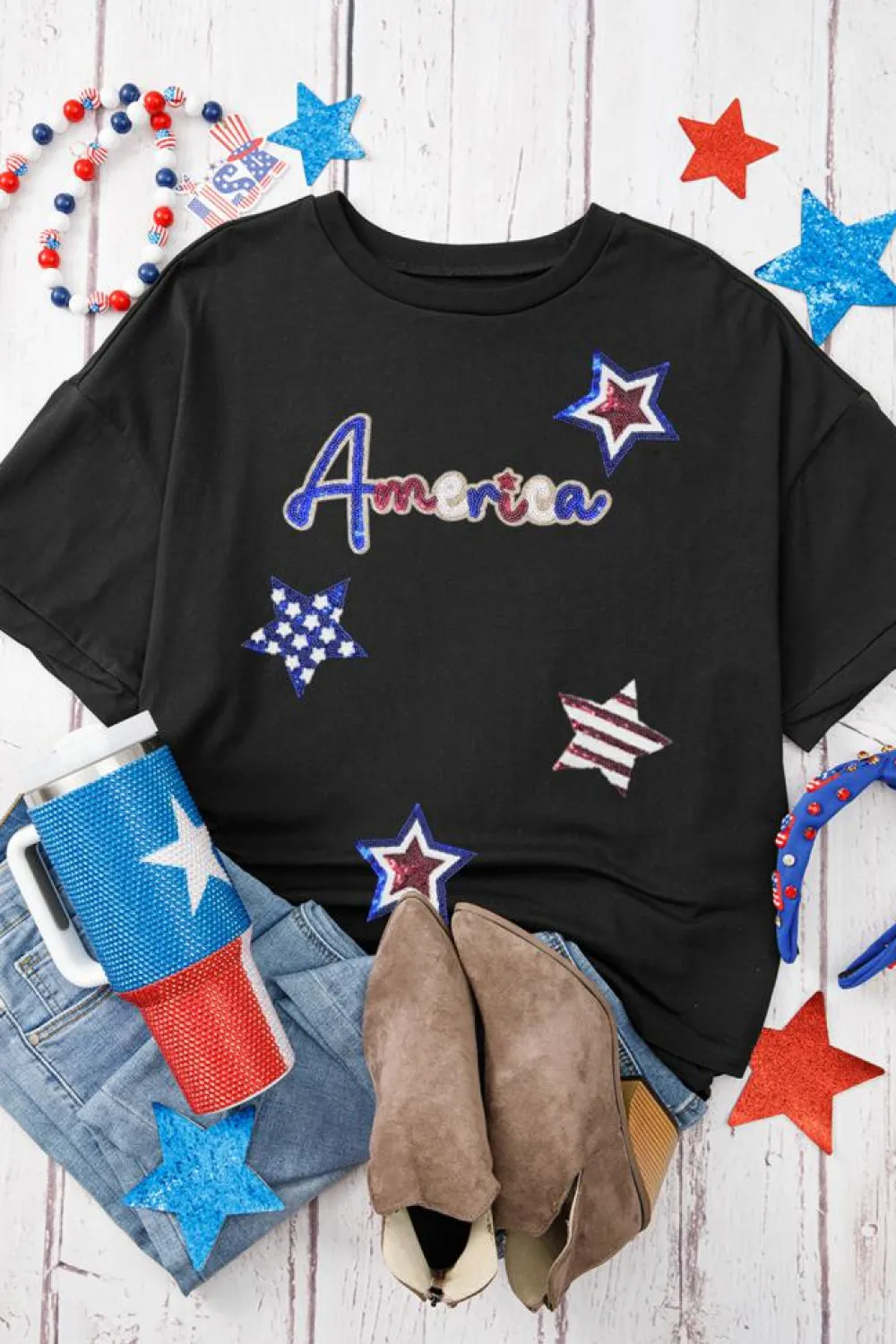 Best Dear-Lover Sequined America Star Pattern Hi Low Hem Casual T Shirt Black