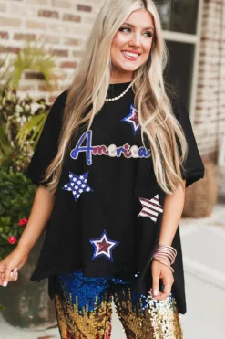 Best Dear-Lover Sequined America Star Pattern Hi Low Hem Casual T Shirt Black