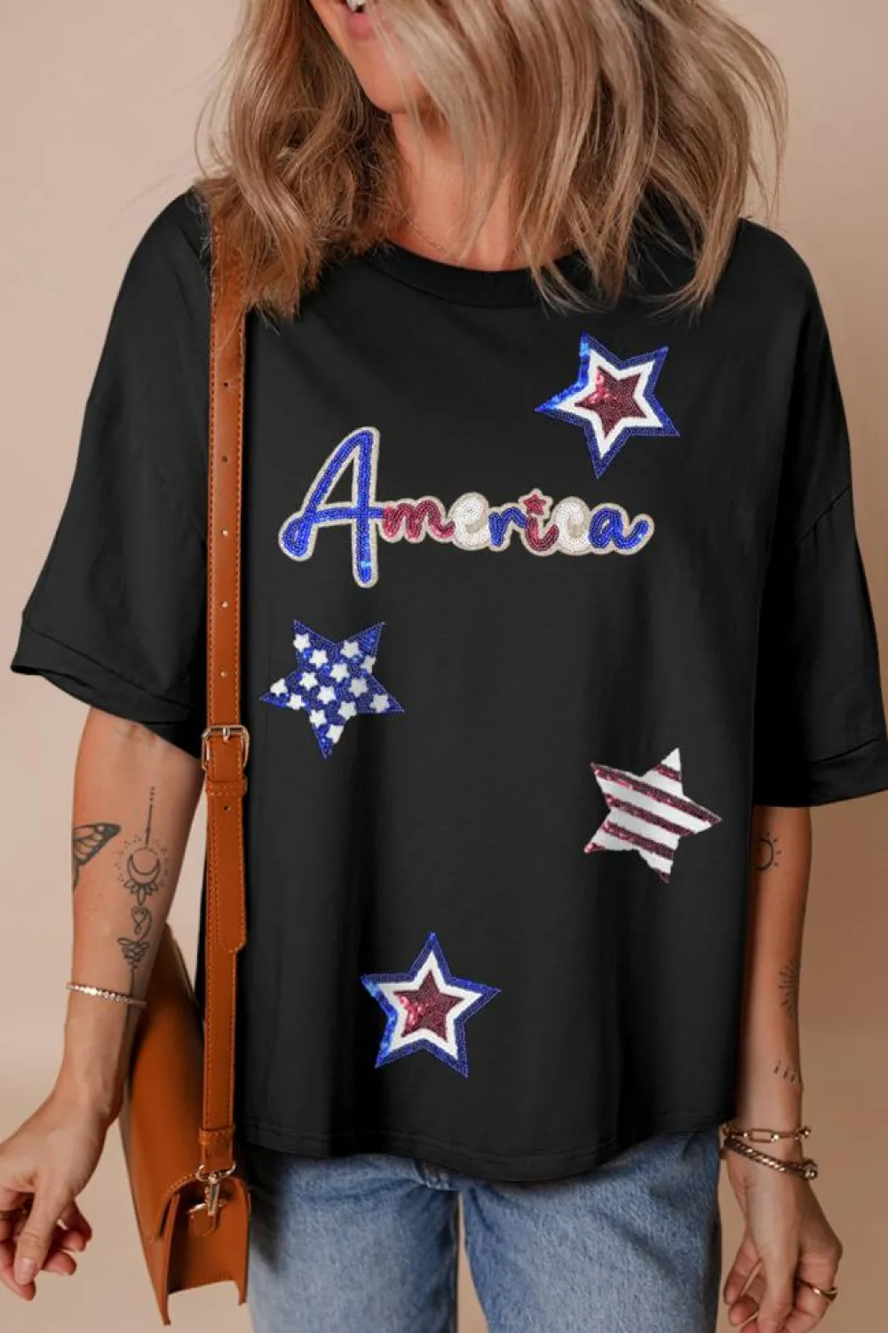 Best Dear-Lover Sequined America Star Pattern Hi Low Hem Casual T Shirt Black