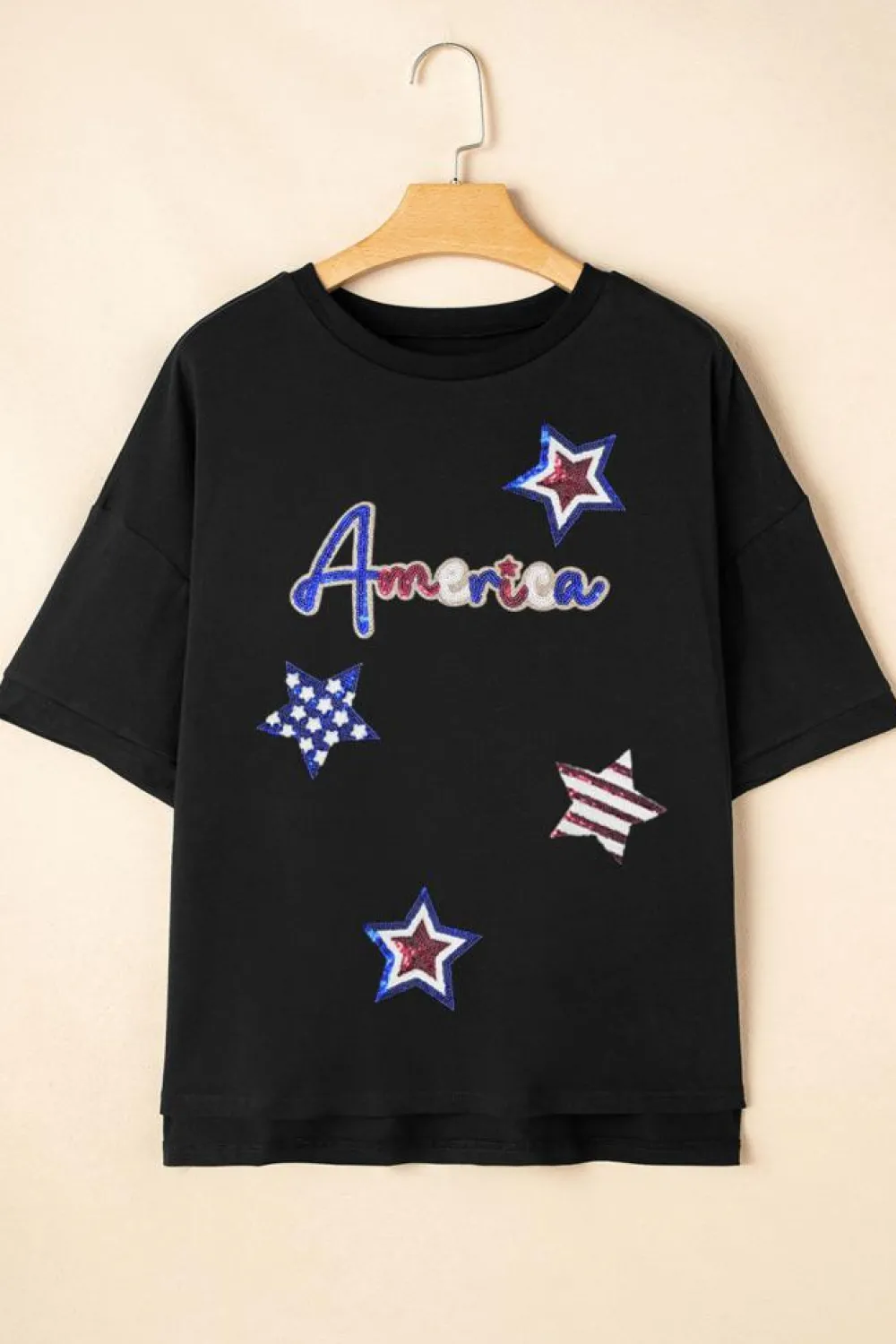 Best Dear-Lover Sequined America Star Pattern Hi Low Hem Casual T Shirt Black