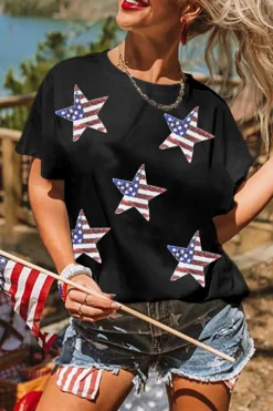 Online Dear-Lover Sequined American Flag Star Graphic T Shirt Black