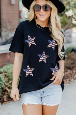 Online Dear-Lover Sequined American Flag Star Graphic T Shirt Black