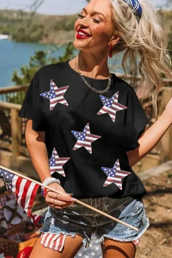 Online Dear-Lover Sequined American Flag Star Graphic T Shirt Black