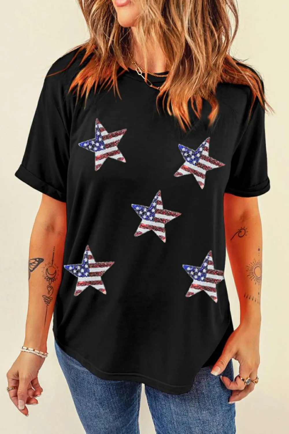 Online Dear-Lover Sequined American Flag Star Graphic T Shirt Black