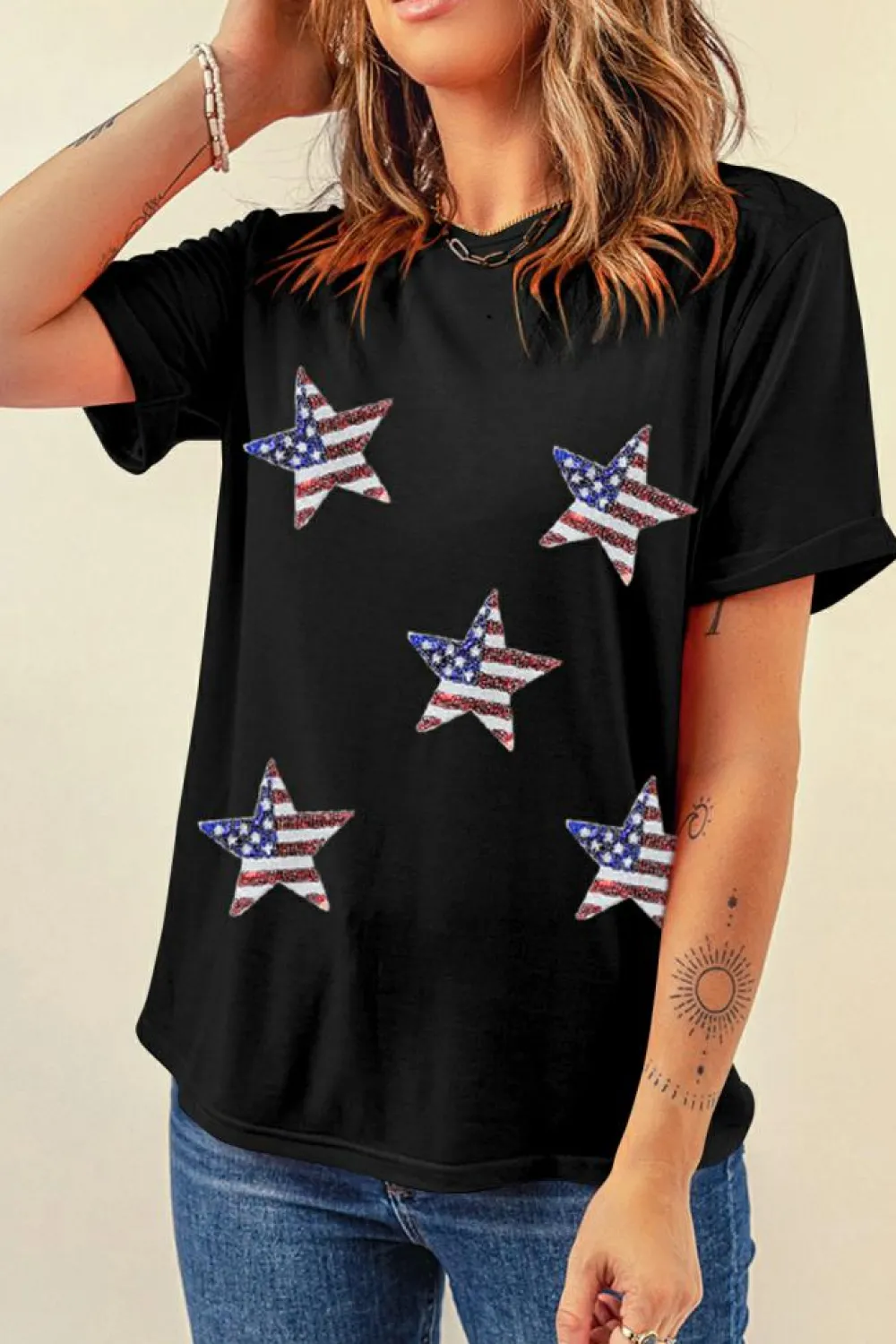 Online Dear-Lover Sequined American Flag Star Graphic T Shirt Black