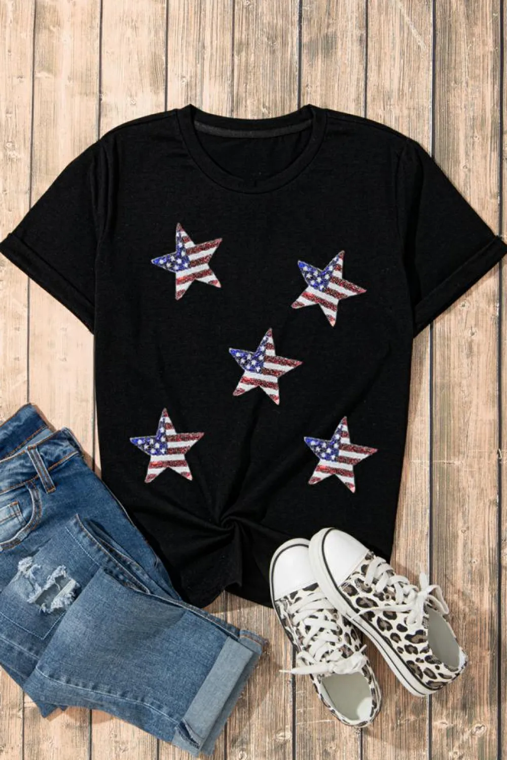 Online Dear-Lover Sequined American Flag Star Graphic T Shirt Black