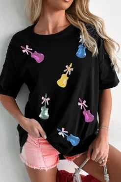 Best Dear-Lover Sequined Bow Guitar Country Music Festival Casual Tee Black