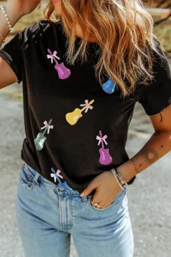 Best Dear-Lover Sequined Bow Guitar Country Music Festival Casual Tee Black