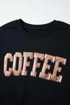 Discount Dear-Lover Sequined COFFEE Loose Fit Sweatshirt and Shorts Set Black