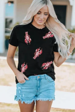 New Dear-Lover Sequined Crayfish Round Neck Graphic Tee Black