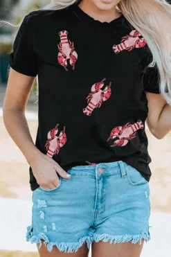 New Dear-Lover Sequined Crayfish Round Neck Graphic Tee Black