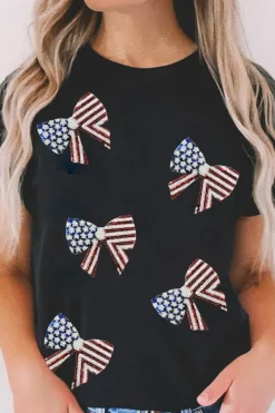 Fashion Dear-Lover Sequined Flag Bowknot Graphic T Shirt Black