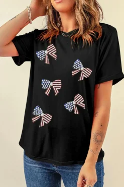 Fashion Dear-Lover Sequined Flag Bowknot Graphic T Shirt Black