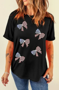 Fashion Dear-Lover Sequined Flag Bowknot Graphic T Shirt Black
