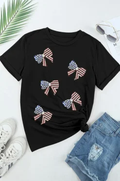 Fashion Dear-Lover Sequined Flag Bowknot Graphic T Shirt Black
