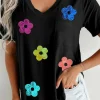 Hot Dear-Lover Sequined Flower Pocketed V Neck T Shirt Black