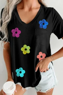 Hot Dear-Lover Sequined Flower Pocketed V Neck T Shirt Black