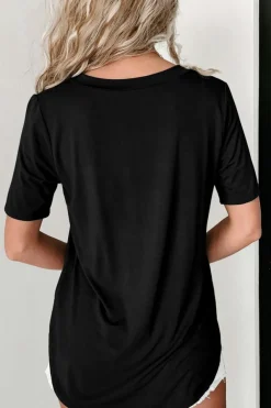 Hot Dear-Lover Sequined Flower Pocketed V Neck T Shirt Black