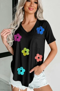 Hot Dear-Lover Sequined Flower Pocketed V Neck T Shirt Black
