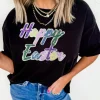 New Dear-Lover Sequined Happy Easter Graphic Tee Black
