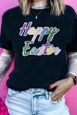 New Dear-Lover Sequined Happy Easter Graphic Tee Black