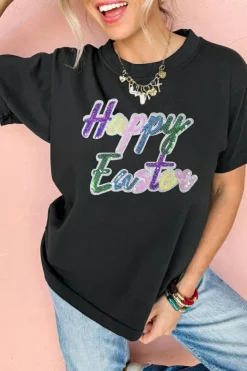New Dear-Lover Sequined Happy Easter Graphic Tee Black