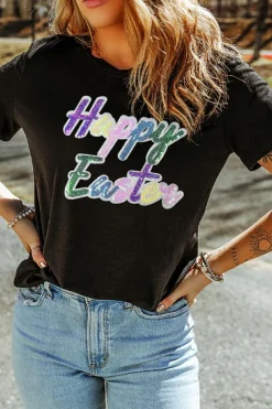 New Dear-Lover Sequined Happy Easter Graphic Tee Black