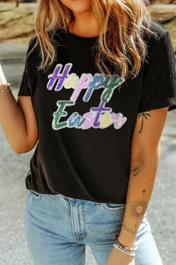 New Dear-Lover Sequined Happy Easter Graphic Tee Black