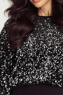 Hot Dear-Lover Sequined Long Sleeve Crew Neck Cropped Blouse Black